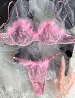 Różowy koronkowy komplet bielizny z piórkami Biustonosz + stringi 38 M