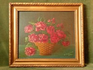 Róże w koszu - stary ręcznie malowany obraz olejny w ramie / duży