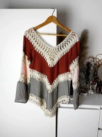 Boho bluzka etno oversize crochet hippie folk S róż szary ceglasty falbany