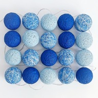 Cotton Balls Niebiesko Błękitne Girlanda Lampki Kule 20 LED Na Baterie Boho