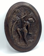 Duża stara płaskorzężba z Afryki tańcząca dziewczyna pod palmami 29 cm