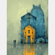 Niebieski kot ukryty za budynkiem, fantasy mystery ilustracja obraz 58x85