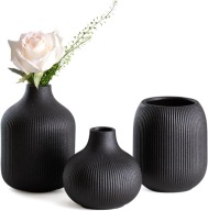 ZESTAW 3 WAZONÓW CERAMICZNYCH CZARNYCH RYFLOWANYCH DEKORACYJNYCH DO SALONU