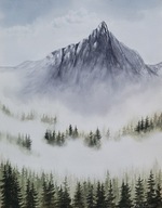 Obraz akwarelowy 28x36 cm – Góry we mgle i las – ręcznie malowany pejzaż