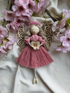 Anioł Stróż różowy Makrama Aniołek na szczęście lalka na prezent