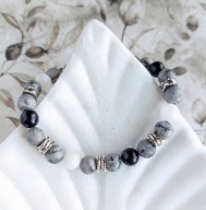 Czarno-biała bransoletka z kamieni naturalnych, zapinana na lince, stalowa