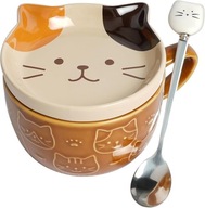 Kubek kot ceramiczny z pokrywką i łyżeczką uroczy prezent do kawy i herbaty