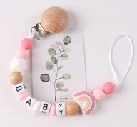 Łańcuszek silikonowy z drewnianym klipsem do smoczka| Różowy| AS