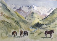 Akwarela Obraz Pejzaż Gruzja Góry Kaukaz