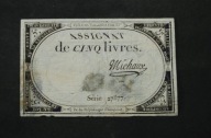 Francja - banknot - asygnata - 5 Livres - podpis MICHAUX