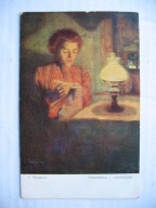 E. GŁADYSŁAW PRACOWITA KOBIETA LAMPA NAFTOWA przedwojenna POCZTÓWKA