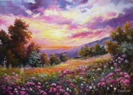 O ZACHODZIE SŁOŃCA - PEJZAŻ - 70x50 - OBRAZ OLEJNY - T.KACHELSKI