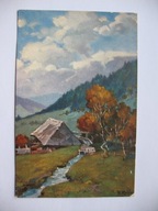 ZAGINIONY ŚWIAT CHATA NA WZGÓRZU NAD STRUMYKIEM przedwojenna POCZTÓWKA