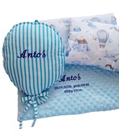 ZESTAW Kocyk 50x75cm+podusia + BALON haft IMIĘ narodziny PREZENT chrzest