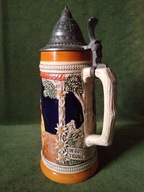 Piękny duży kufel ceramiczny z cynową pokrywką - 27,5 cm.