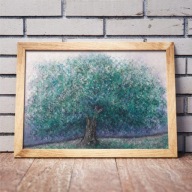Ozdobny PLAKAT B2 50x70 DRZEWO o zmierzchu turkus fiolet Artystyczny pejzaż