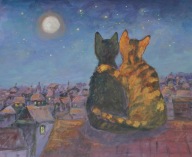 Koty spotkanie w świetle księżyca Akwarela Sabina Salamon 34x39