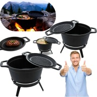 KOCIOŁEK ŻELIWNY GARNEK MYŚLIWSKI Z PATELNIĄ STOJĄCY 8L NA OGNISKO GRILL