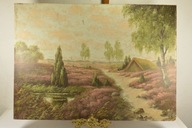 PIĘKNY STARY DUŻY OBRAZ PEJZAŻ NA PŁYCIE OLEJ SYGN