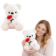 DUŻY BIAŁY MIŚ DLA DZIEWCZYNY 33 cm + CZERWONA RÓŻA Z KOKARDKĄ PREZENT