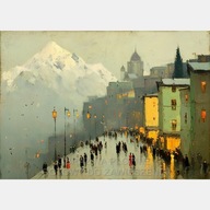 Góry miasto ludzie rynek stare miasto obraz olejny abstrakcja płótno 58x85