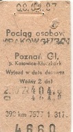 BILET KOLEJOWY -KRAKÓW GŁÓWNY -POZNAŃ GŁÓWNY -OSOBOWY -1987 rok