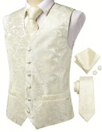 M L Krawat i Elegancka Męska Kamizelka kolor szampański ecru