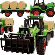 TRAKTOR CIĄGNIK Z LADOWARKĄ PRZYCZEPA Z BIELAMI DO TRANSPORTU SIANA ZABAWKA