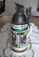 Porcelanowy, pamiatkowy, stary kufel rezerwisty do piwa