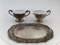 Antyczny japoński zestaw do śmietanki i cukru z posrebrzany - róże vintage