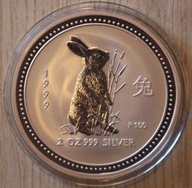 ROK KRÓLIKA - 2 $ DOLAR 1999 AUSTRALIA, 2 OZ 999, LUNAR I 1 - 2 UNCJE 999