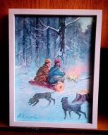 MYŚLIWI PRZY OGNISKU-OBRAZ OLEJNY NA PŁÓTNIE-45X35