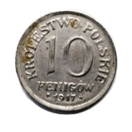 10 fenigów z 1917 roku DESTRUKT (niepełny relief, brak pełnego bicia)