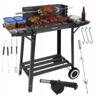 Grill Węglowy Ogrodowy z Osłoną i Rożnem Przenośny Stabilny Ruszt Półki