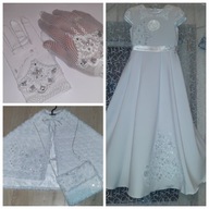 SUKIENKA BIAŁA KOMUNIA 134 IMPRESJA TOREBKA RĘKAWICZKI BOLERKO KORONKA