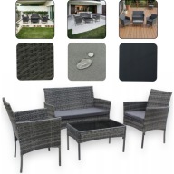 MEBLE OGRODOWE RATTANOWE ZESTAW SZARY DLA 4 OSÓB SOFA + STOLIK + FOTELE