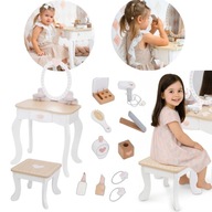 DREWNIANA TOALETKA ZABAWKA DLA DZIECI KOSMETYCZKA TABORET AKCESORIA NAUKA