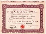 Francja – akcja 2.700 FR Phosphates du Tonkin, 1924, z kuponami, egzotyczna