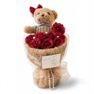 RÓŻE MYDLANE KWIATY FLOWER BUKIET Z MISIEM NA OKAZJE PREZENT 8 szt. RÓŻ MIŚ