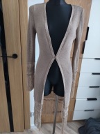 Szykowny sweter damski 36 delikatny frędzle boho beż narzutka kardigan