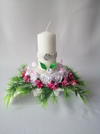 Stroiki Komunia Świeca IHS Kwiaty Białe Atłasowe z Dodatkami Różowymi