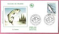 Francja 1990, FDC ryby, łosoś, JEDWAB