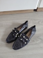 Zara Basic Czarne skórzane mokasyny lordsy z perłami 39