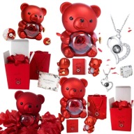 WIECZNA RÓŻA Z MISIEM I NASZYJNIKIEM PREZENT NA DZIEŃ KOBIET ZESTAW