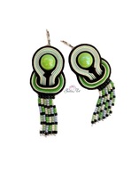 Kolczyki Haft Sutasz Zielone z Chwostami z koralików Soutache