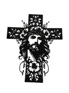 Krzyż czarny na ścianę dewocjonalia ozdoba twarz jezusa z kwiatami 25 cm