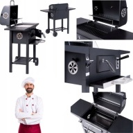 GRILL WĘGLOWY DUŻY OGRODOWY ŻELIWNY RUSZT TERMOMETR POPIELNIK KAMINER