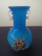 Piękny stary wazon, błękitny kolor ze zdobieniami, ręczna robota (A61)