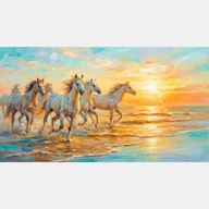 Biegnące konie obraz na płótnie 55x100 zółty slońce ocean woda wolność