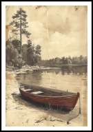 A2 PLAKAT RYSUNEK SZKIC VINTAGE DAWNA ŁÓDKA ŁÓDŹ NA BRZEGU JEZIORA RZEKI